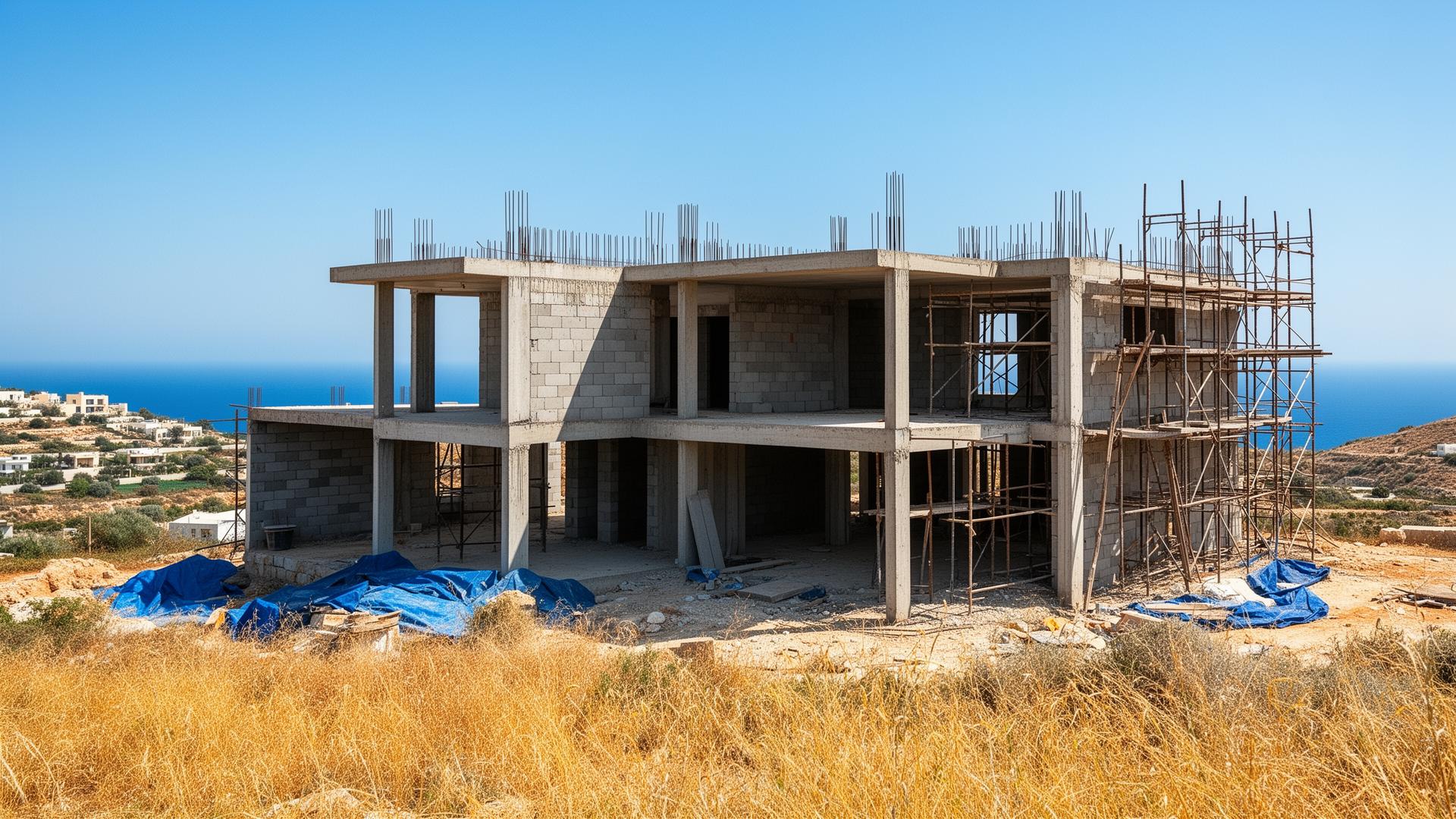 Half-built Cyprus villa with exposed concrete and scaffolding