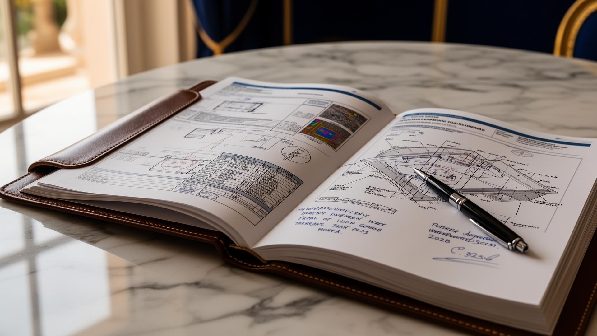 Open inspection report on a marble table