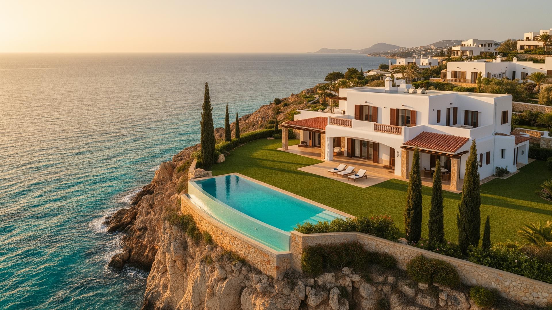 Cyprus luxury cliffside villa at golden hour